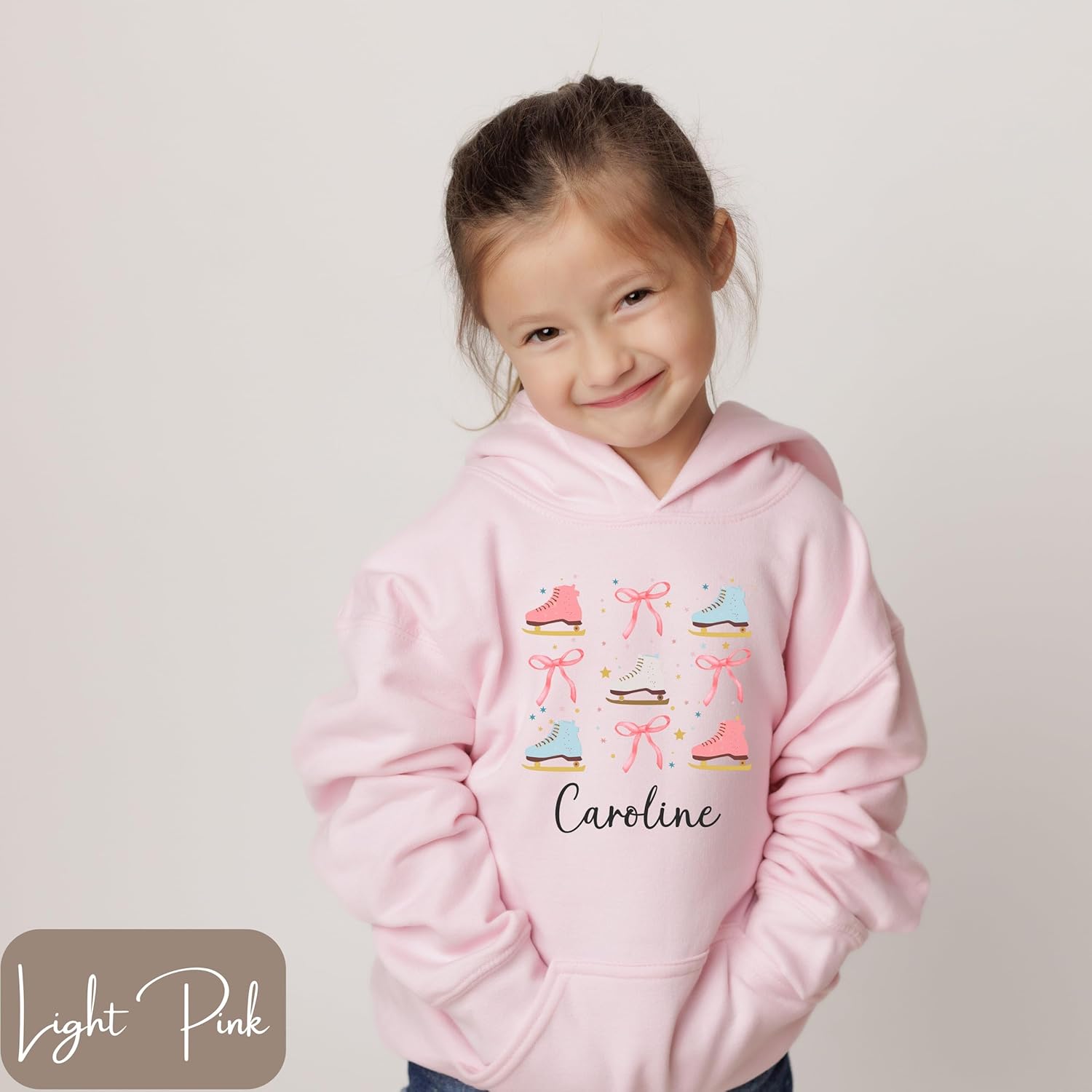 Personalized Ice Skating Hoodie for Girls, Custom Name Hooded Sweatshirt with Figure Skates and Bows, Youth Ice Skater Gift, Figure Skating Shirt with Ribbons, Kids Winter Sports Apparel