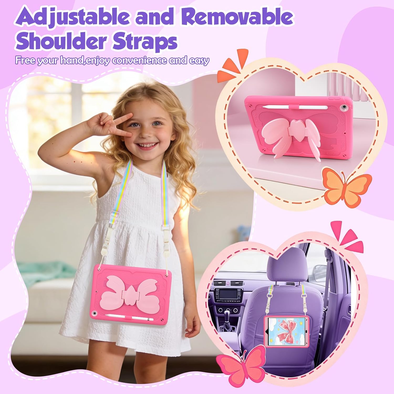 WESADN for iPad 9th Generation Case 8th 7th Gen 10.2 inch Case 2021 Girls Kids with Cute Bow Butterfly Wings Kickstand Shoulder Strap Pencil Holder Rugged Cases Cover for iPad 10.2 Cases, Rose Pink