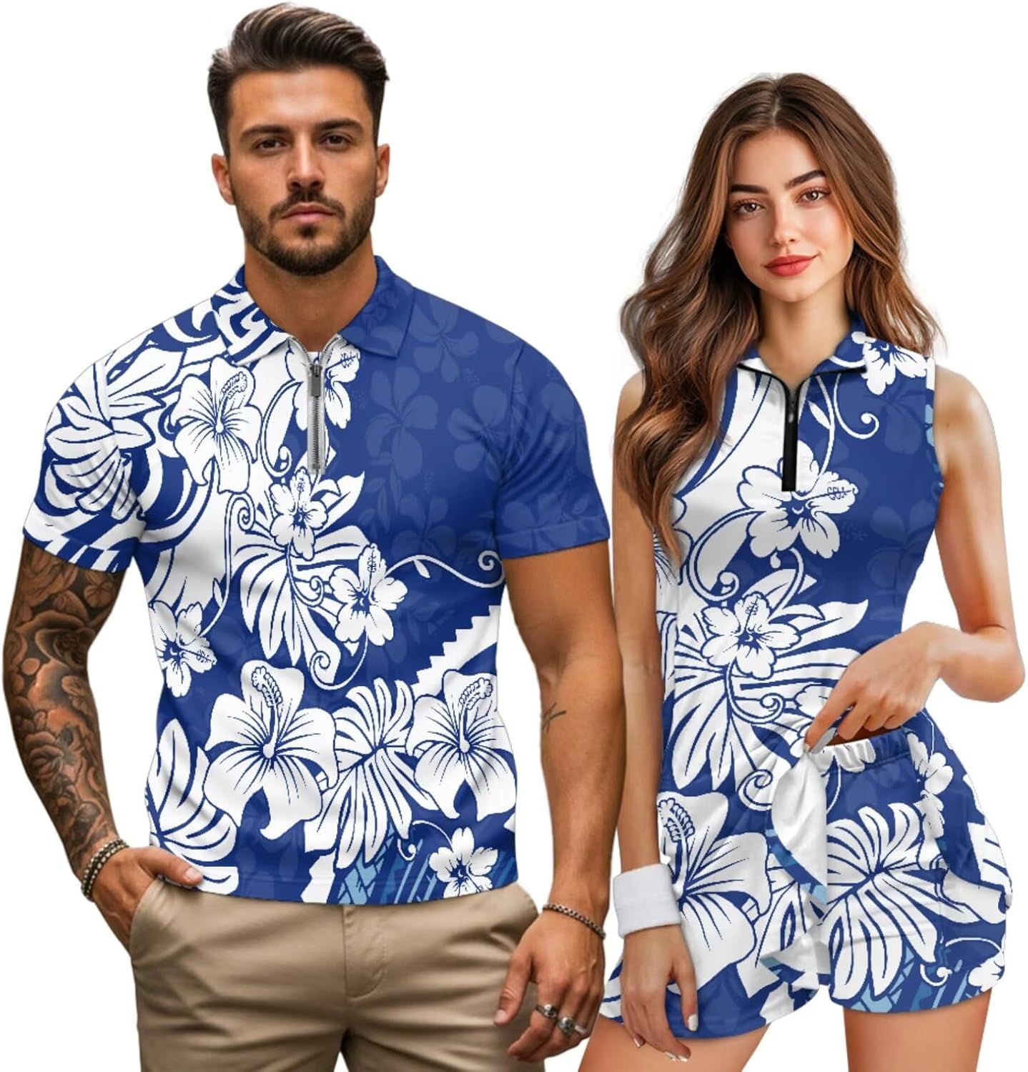 NDISTIN Summer Golf Outfits for Couples Men Slim Fit Shirts Women Sleeveless Tennis Dress with Built-in Shorts