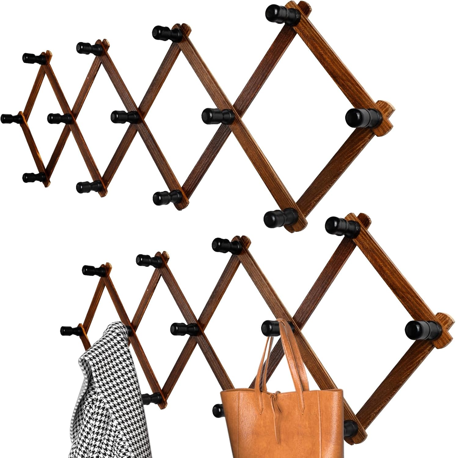 Accordion Wall Hanger, Wood Expandable Wall Mounted Hanger with 13 Hooks for Coats,Hats,Coffee Mug Ect,2 Pack Included,26 Pegs, Walnut Color,Retro Style, 14Inch