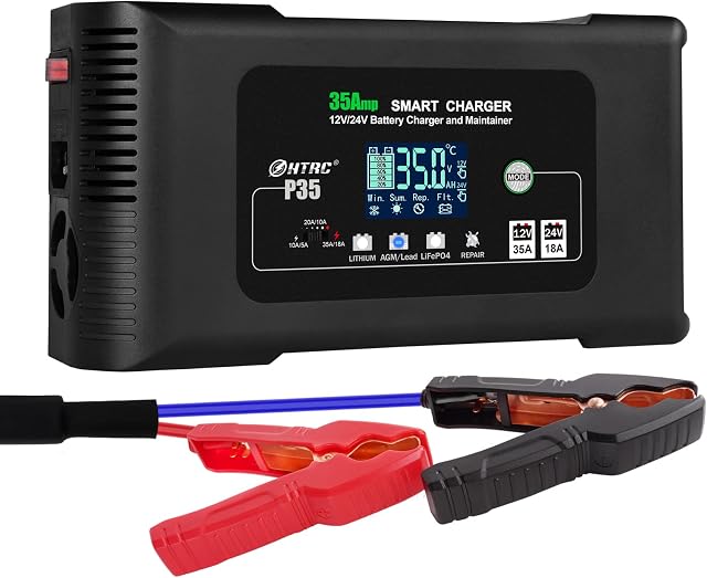 Car Battery Charger, 12V/35A 24V/18A Portable Fully-Automatic Smart Charger, Battery Maintainer, Trickle Charger and Battery Desulfurizer for Car, Motorcycle, LiFePO4, Lithium, Lead Acid(AGM/Gel/SLA)