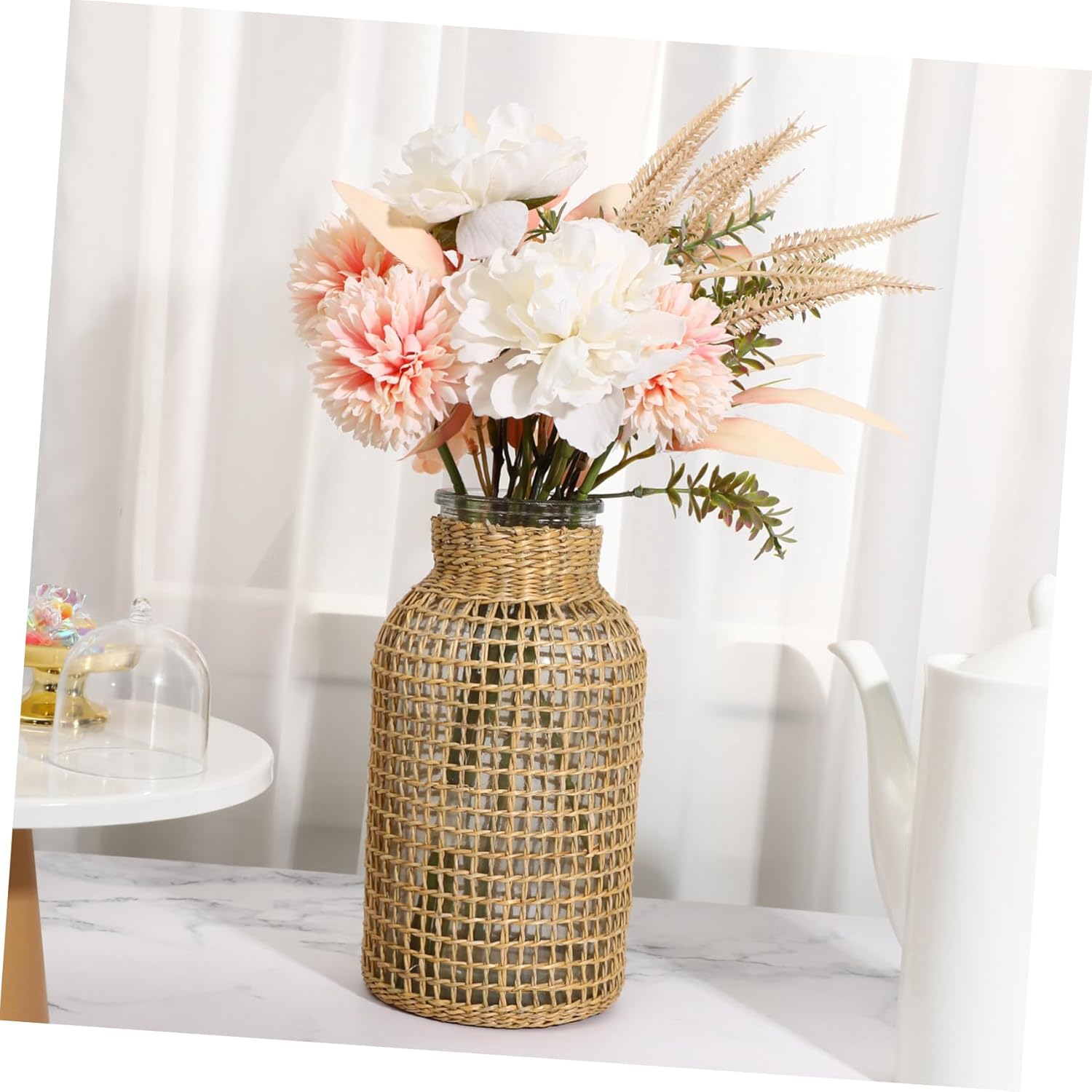 Veemoon 1pc Rattan Woven Glass Flower Vase Decorative Japanese Style Flower Vase Woven Vase Floral Container Table Centerpiece Decor Light Brown