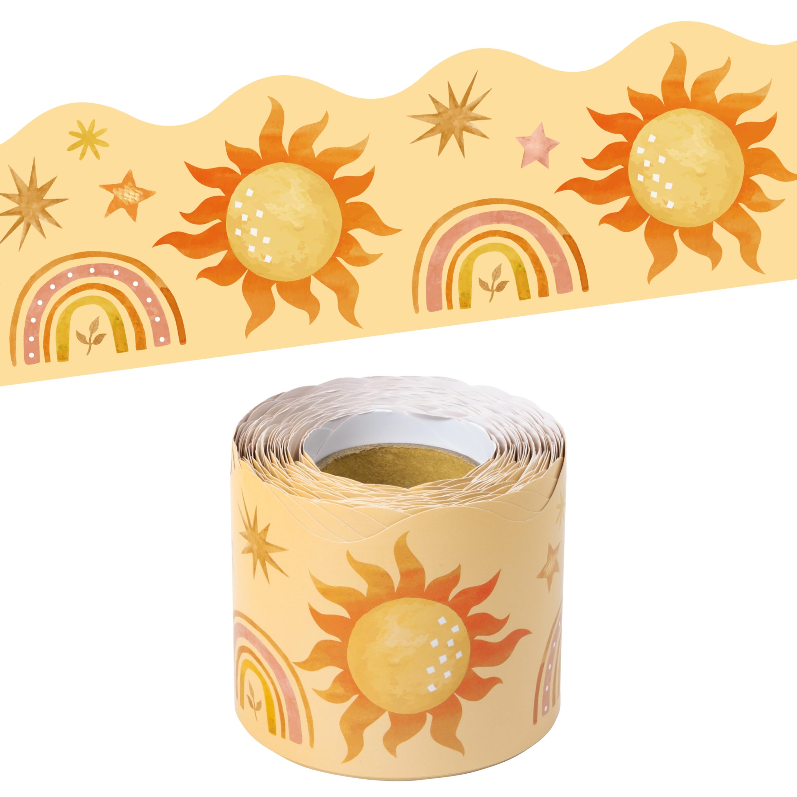 BeYumi Boho Sun Border Trim - 65ft Back to School Boho Sun Scalloped Rolled Border Trim Pastel Watercolor Bulletin Board Set Classroom Office Chalkboard Kindergarten Elementary Home Party Decoration