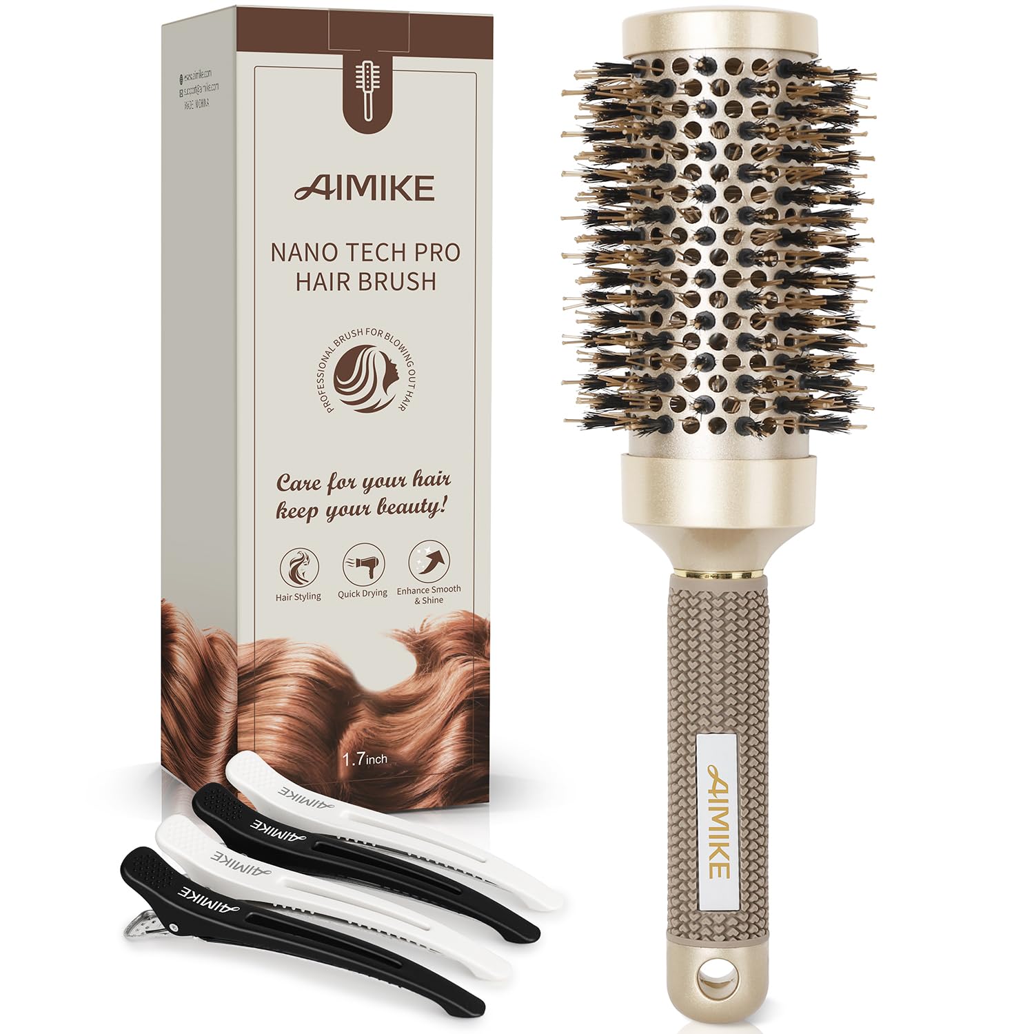 AIMIKE Round Brush for Blow Out, Medium Round Hair Brush Nano Thermal Ceramic & Ionic Tech, for Blow Drying & Styling, Curling and Shine - 2.9 inch Barrel w/Boar Bristles 43mm-1.7 Inch (2.9 Inch with Bristles)