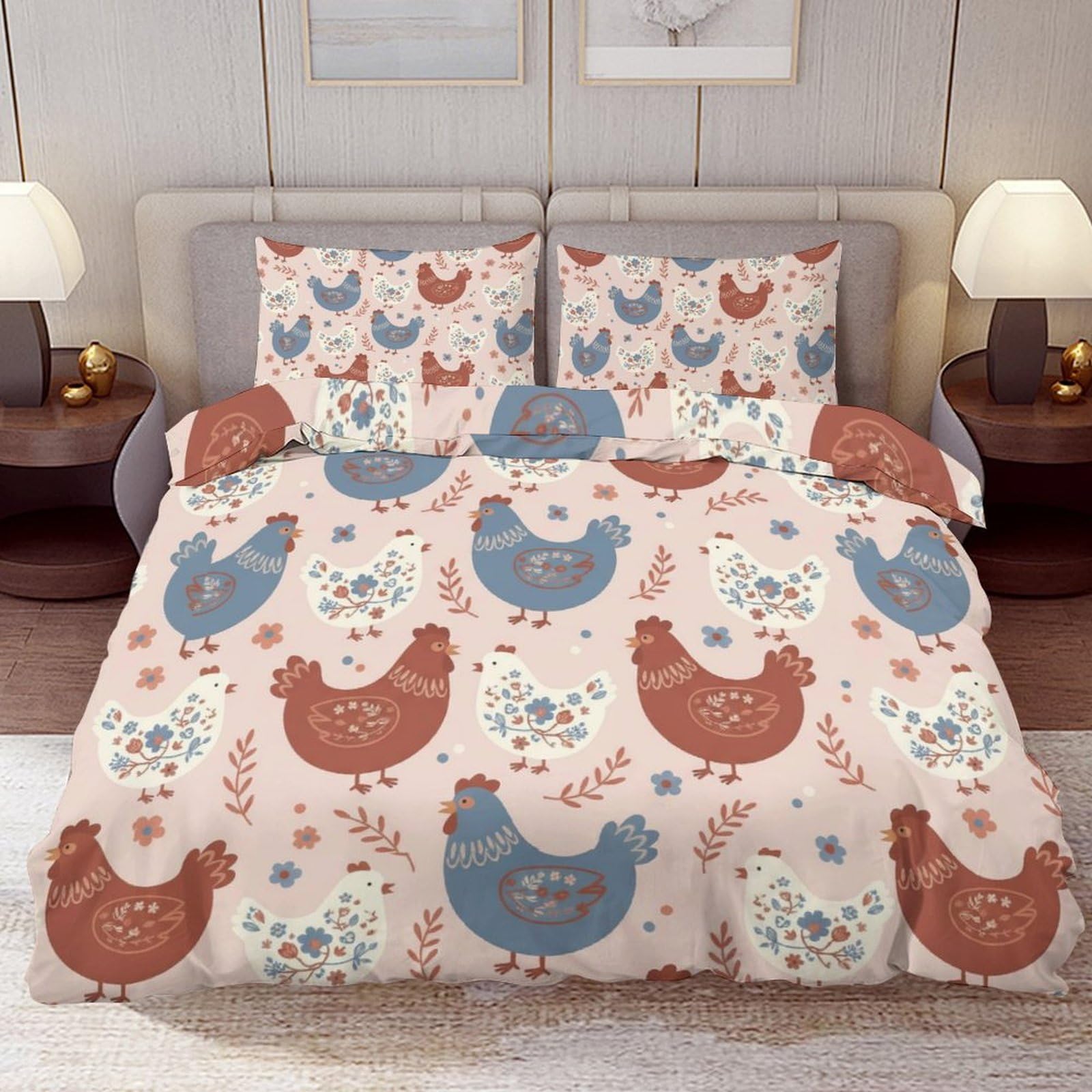 Delerain Comforter Cover Set King Size, Cute Hen Chicken 3-Piece Bedding Set for Women Men Modern Soft Microfiber Bedroom Set Room Decor, 1 Duvet Cover + 2 Pillowcases