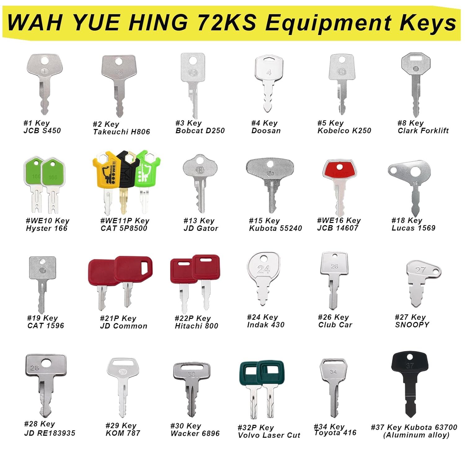 Multi Type Heavy Equipment Master Keys, 72 Contractor Excavator Dozer Skid Steer Loader Forklift Roller Operators Keys Fit Case JCB Kubota KOM Volvo CAT JLG Hyster Hitachi John Deere JD