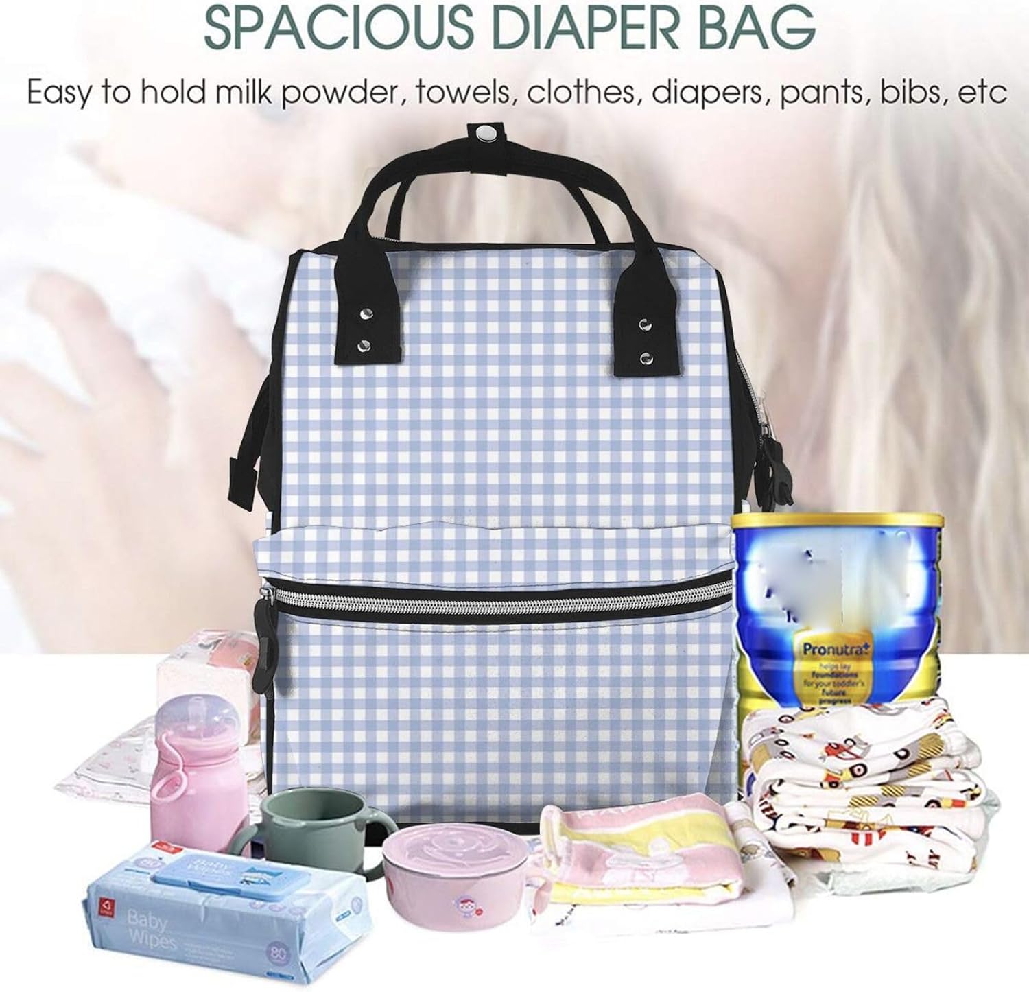 Blue Gingham Diaper Bag Backpack For Baby Girls, Mom Waterproof Large Nappy Bags For Women