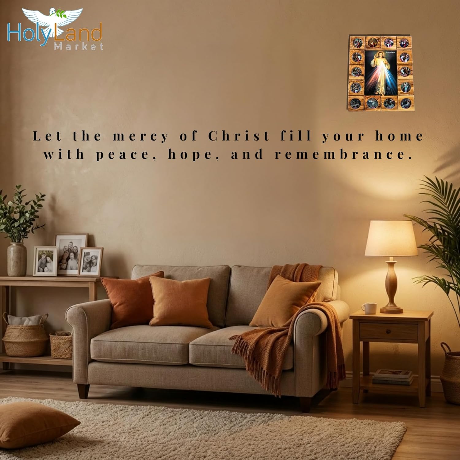 Holy Land Market Stations of the Cross Plaque – Divine Mercy Center – Handcrafted Bethlehem Olive Wood Wall Icon (11.5 x 9.5 Inches) – Christian Catholic Devotional Art from the Holy Land