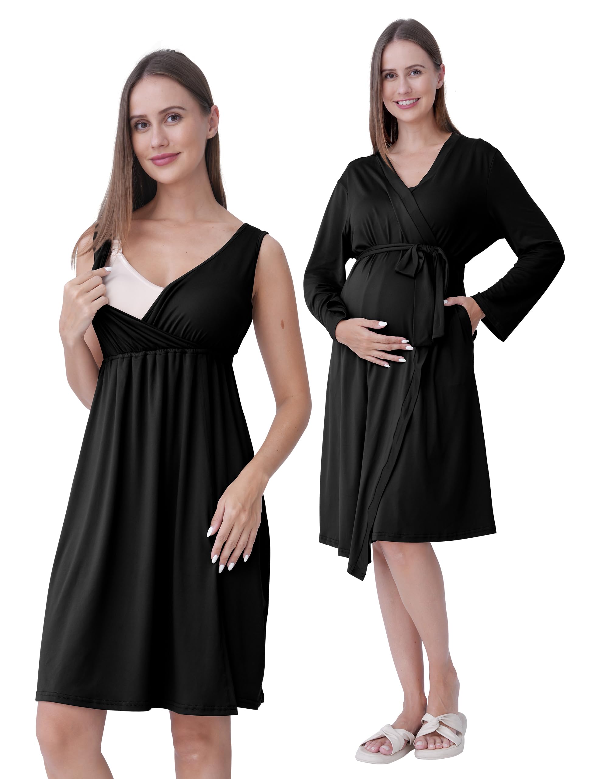 SUNNYBUY Maternity and Nursing Nightdress with Dressing Gown 2-Piece 3-in-1 Pregnancy Night Dress Set for Birth, Postpartum and Breastfeeding, Hospital Sleepwear, black, XXL