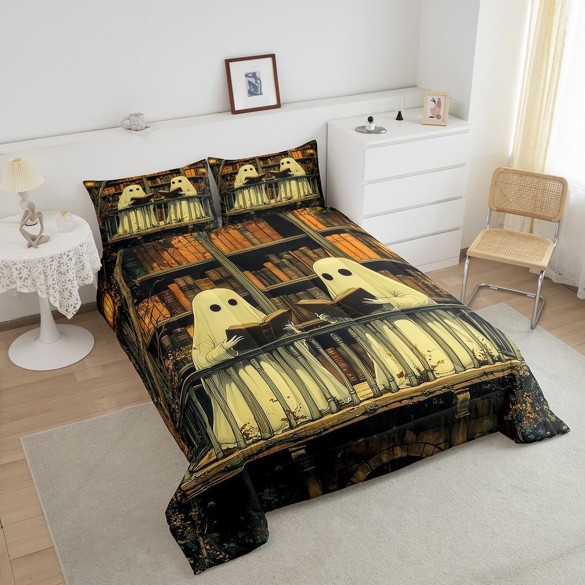 Ghost Comforter Set,Retro Brown Bookshelf Reading Magical Books Bedding Set for Teens Adults Room,Halloween Ghost Trippy Quilt Set 3 Pcs with 2 Pillowcases,Queen