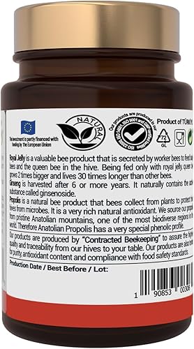 Miniatura 3 de Bee and You - Jalea real con tableta de ginseng, extracto de propóleo, 60 unidades, superalimento 100% natural, ultra puro, suplemento de apoyo