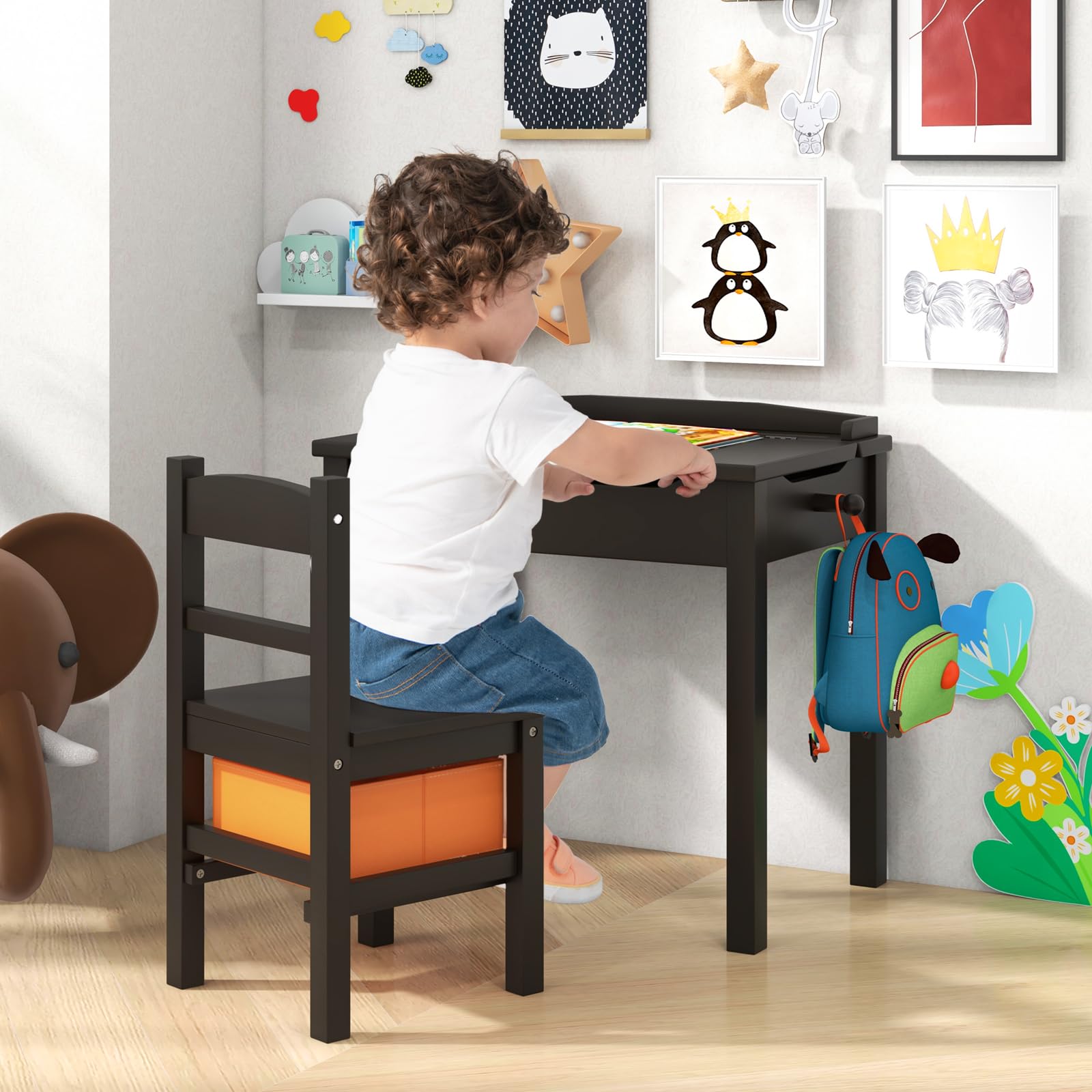 COSTWAY Kindertisch mit Stuhl, Schreibtisch aus Massivholz mit klappbarer Tischplatte, Schublade & Haken, Aktivitätstisch Kindersitzgruppe mit Stauram für Kinder ab 3 Jahren (Mit Box,Braun)