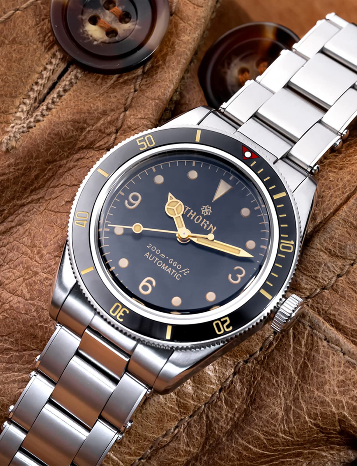 TACTICAL FROG Thorn BB58 Men's Watch 39mm Black Dial Sapphire Crystal NH35 Automatic Movement Stainless Steel Bracelet 200M Waterproof Diver Watches (Yellow)