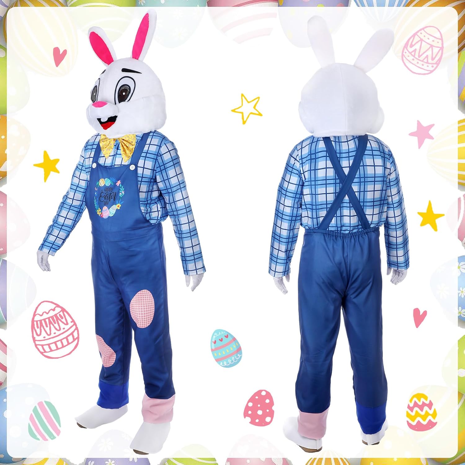 Hicarer Easter Bunny Costume for Adult Happy Easter Rabbit Mascot Dungarees and Bunny Head Unisex Cosplay Costume Accessories