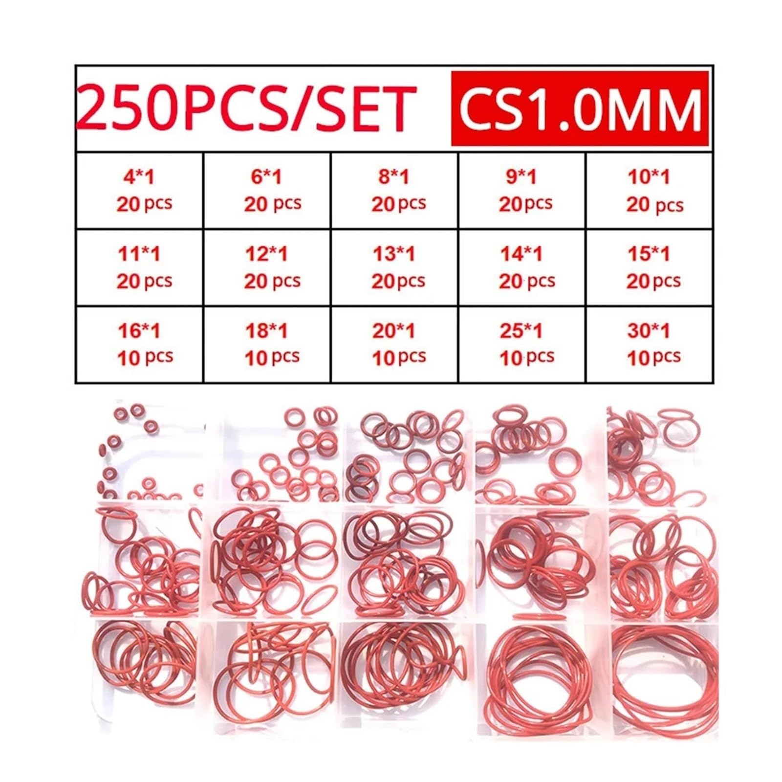 Anillo tórico Juntas tóricas de silicona roja 250-100 piezas Juntas tóricas de silicona roja VMQ Juntas tóricas de sellado Arandela de silicona Juego de surtido de juntas tóricas de goma(Red 1.0mm (1s