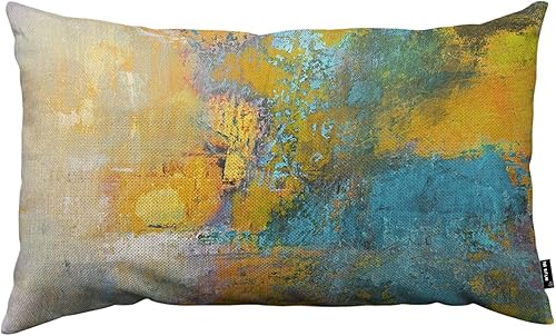 TKS MITLAN Fundas de almohada con diseño de bola de sol en amarillo y turquesa, 12 x 20 pulgadas, pintura original abstracta sobre lienzo, lino y