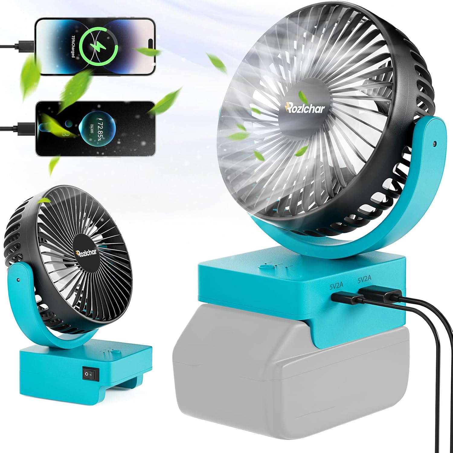 Rozlchar Portable Cordless Fan Compatible For Makita 18V Battery, Work for BL1860 BL1850 BL1840 BL1830, Jobsite Fan With USB A+C Fast Charging For Camping Workshop and Construction Site(No Battery)