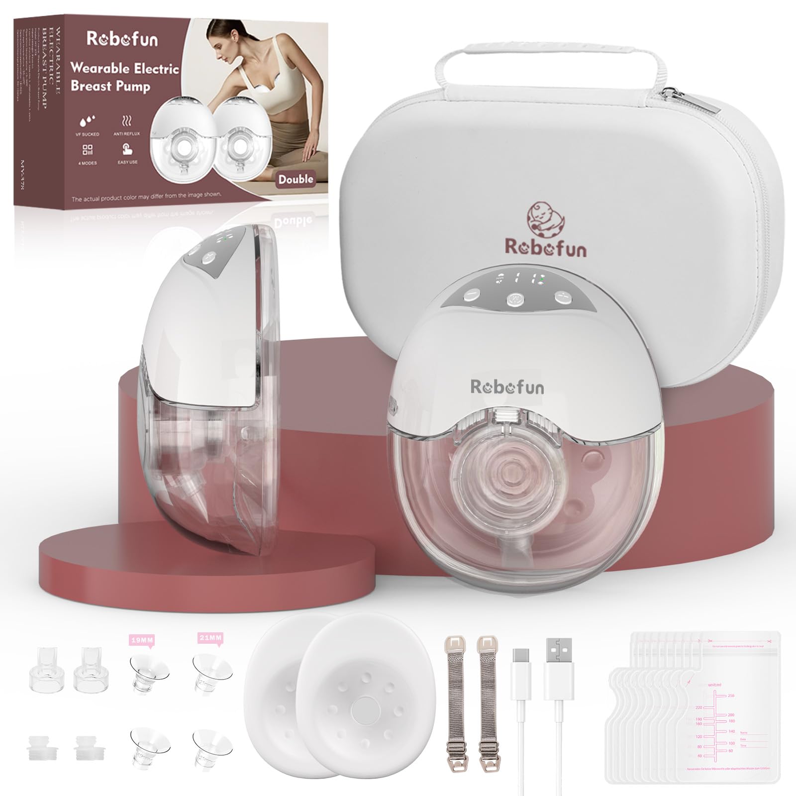 Robofun 2er-Pack Milchpumpe Elektrisch Freihändig, Leise Doppelmilchpumpe, 4 Modi und 12 Saugstufen, Elektrische Milchpumpe Handsfreemit Staubschutzdeckel, Breast Pump Electric,19mm/21mm/24mm Flansch