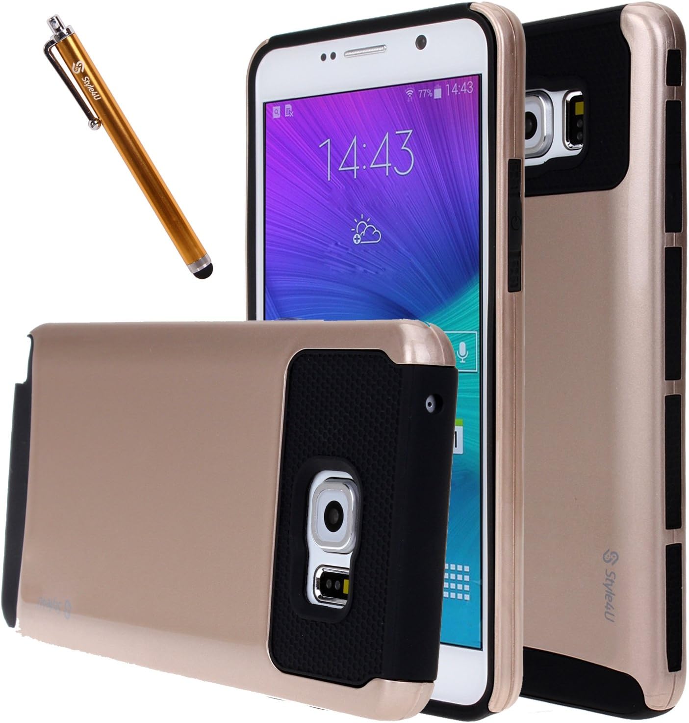 Style4U Galaxy Note 5 Case, Slim Fit Hybrid Armor Case for Samsung Galaxy Note 5 with 1 Stylus [Gold/Black]