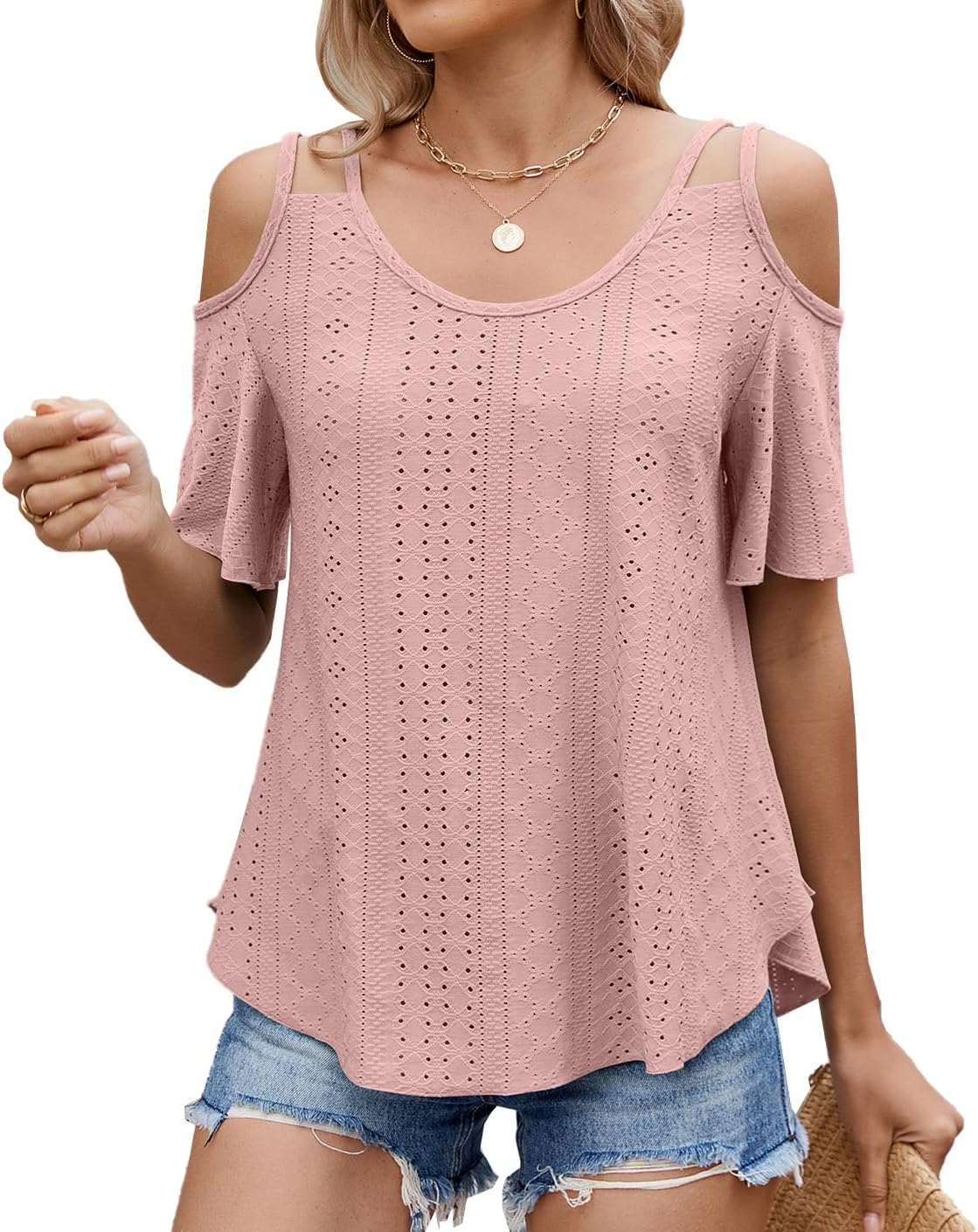 Eyelet Tops for Women Short Sleeve Casual Cold Shoulder Summer Spring Fashion 2025 ...