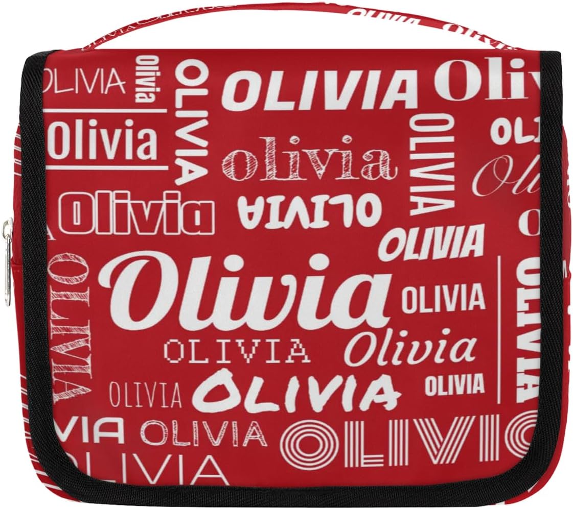 Personalized Name Travel Makeup Bag with Hanging Hook Custom Toiletry Bag Travel Cosmetics Case Waterproof for Women Men Accessories, Red