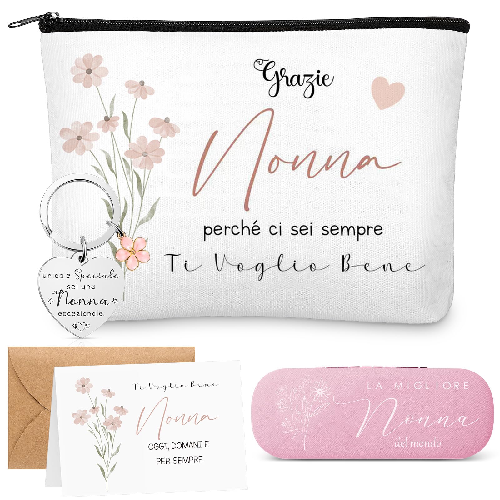 Set Regalo per Nonna Regali di Compleanno Natale Festa Includere 1 Borsa per Cosmetici 1 Custodia per Occhiali 1 Portachiavi con Ciondolo a Forma 1 Biglietti d'Auguri con Busta