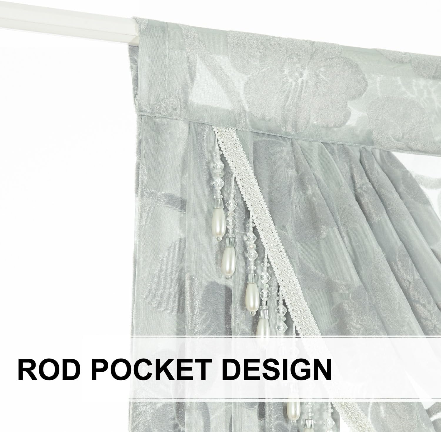 VOGOL Sheer Gray Floral Swag Valance, Country Style Waterfall Curtain with Peony Pattern for Living Dining Room, Voile Window Treatment with Beaded Tassels, W59 x L43, 1 Panel