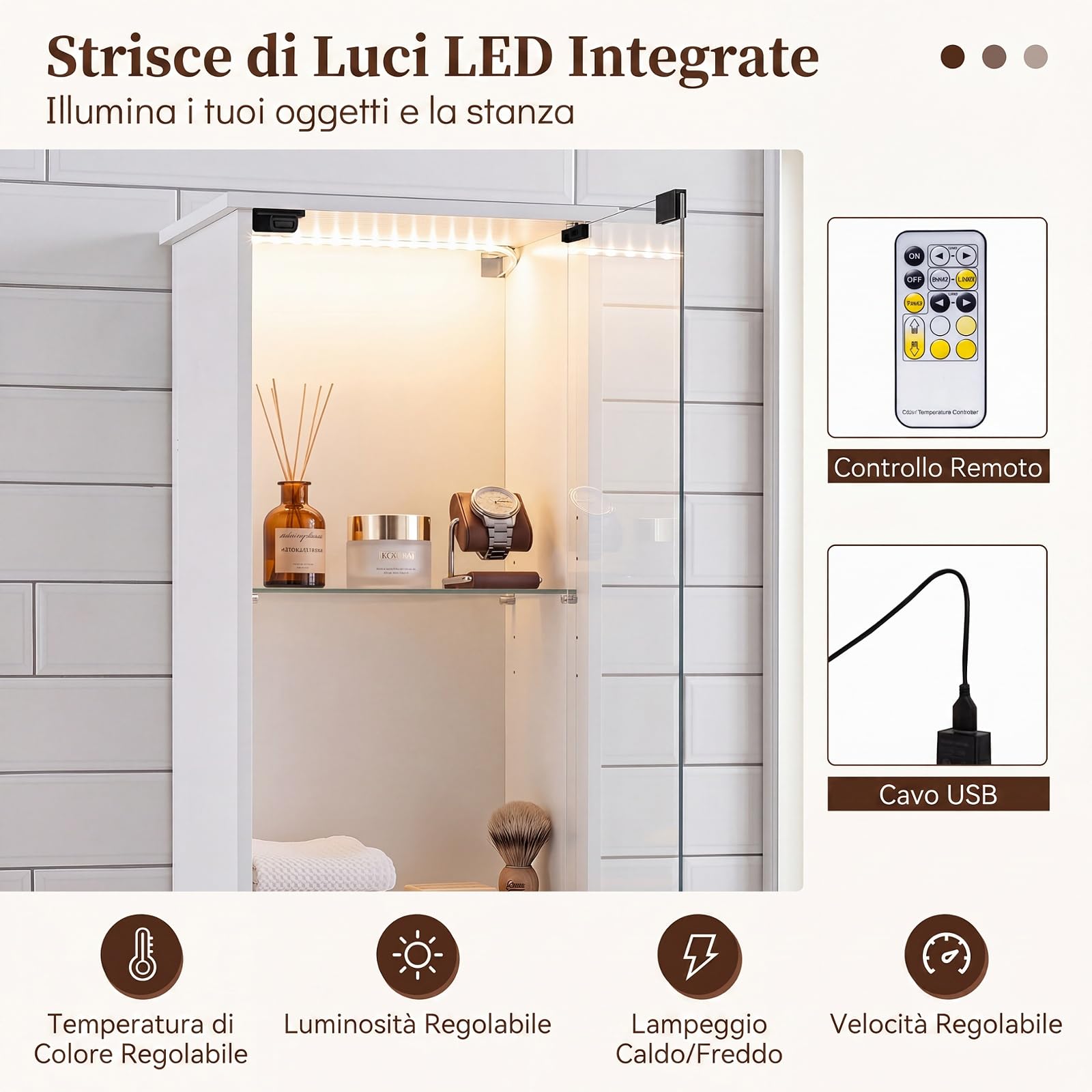 COSTWAY Mobile Alto da Bagno, Mobiletto a Colonna Stretto con Luci LED e Telecomando, Ante in Vetro e Mensole Regolabili, Armadio Salvaspazio a Terra per Soggiorno, 30 x 30 x 170 cm (Bianco)