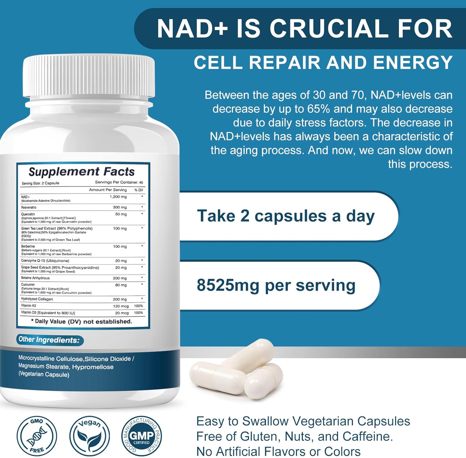 NAD+ Supplement, 8525 mg Liposomal NAD Resveratrol Supplement for Women and Men with Coptisine Quercetin Curcumin Supports Cellular Health, Energy & Healthy Anti-Aging 180 Counts - Image 7