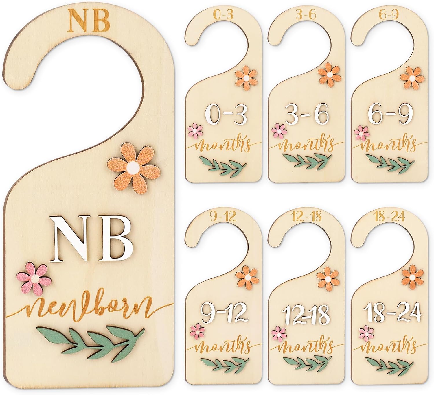Whaline 7 Pcs 3D Daisy Wood Baby Closet Size Dividers with Pink Velvet Bag Newborn to 24 Month Thicken Infant Wardrobe Hanger Organizers for Home Nursery Party Favors