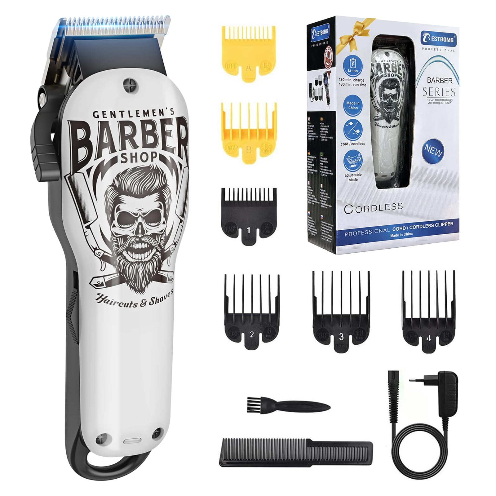 BESTBOMG Tagliacapelli Uomo Professionale Regolabarba Uomo Tagliacapelli Elettrico Ricaricabile con Pettine di Precisione 2000mAh Batteria Ricaricabile per Bambini Adulti Anziani Pet Salone (Bianco)
