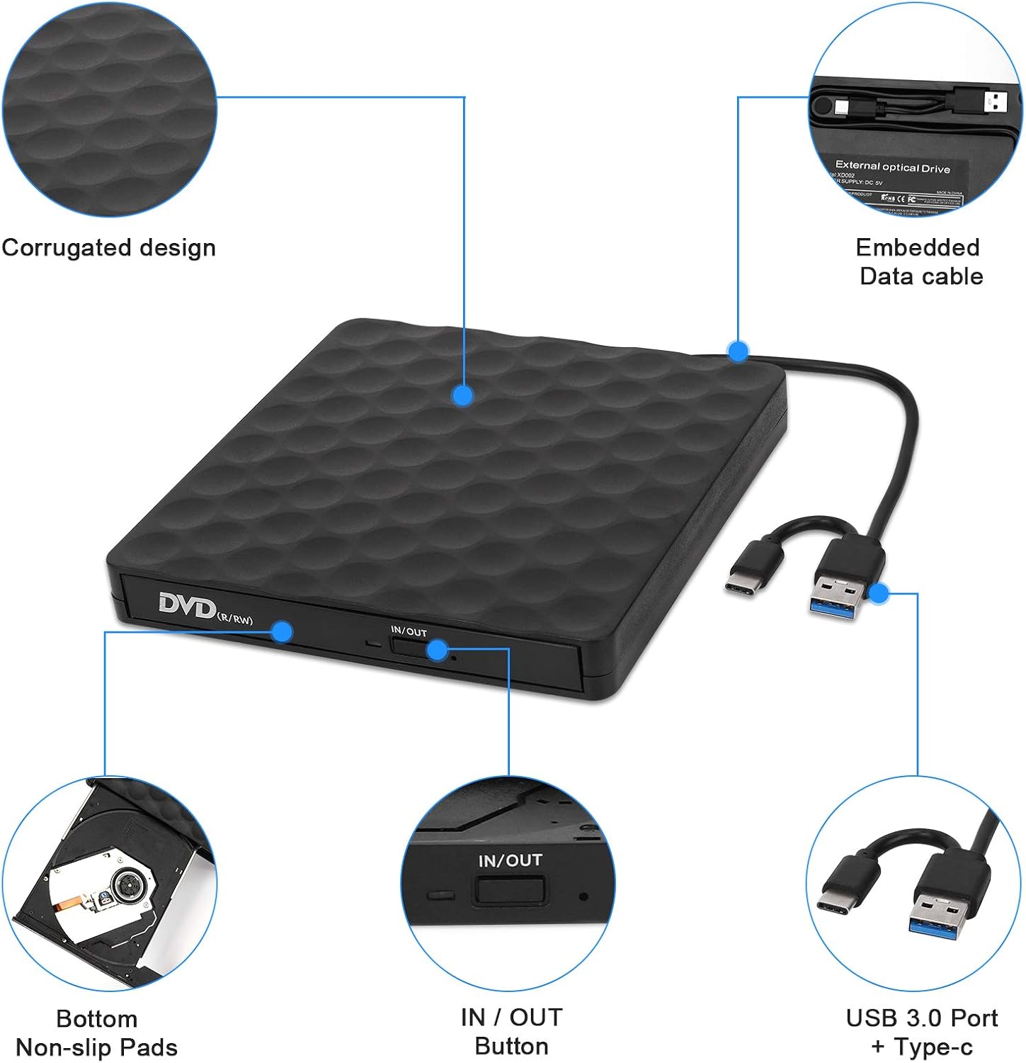 External DVD Drive, USB Type-C 3.0 CD Player Dual Port DVD Burner CD DVD Rewriter Burner Compatible with Windows XP/7/10, Laptop, Desktop