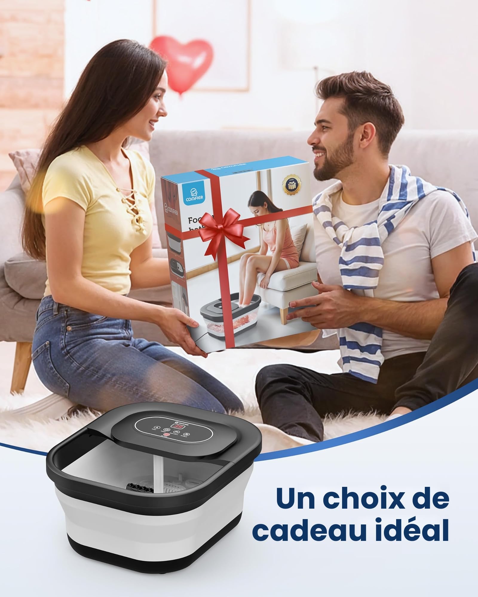 COMFIER Bain de pieds chauffant de massage|Masseur de pieds pliable|Fonction de vibration et de bulles|Pierre ponce pour pieds|35℃-48℃|Avec 8 rouleaux Shiatsu (Noir)