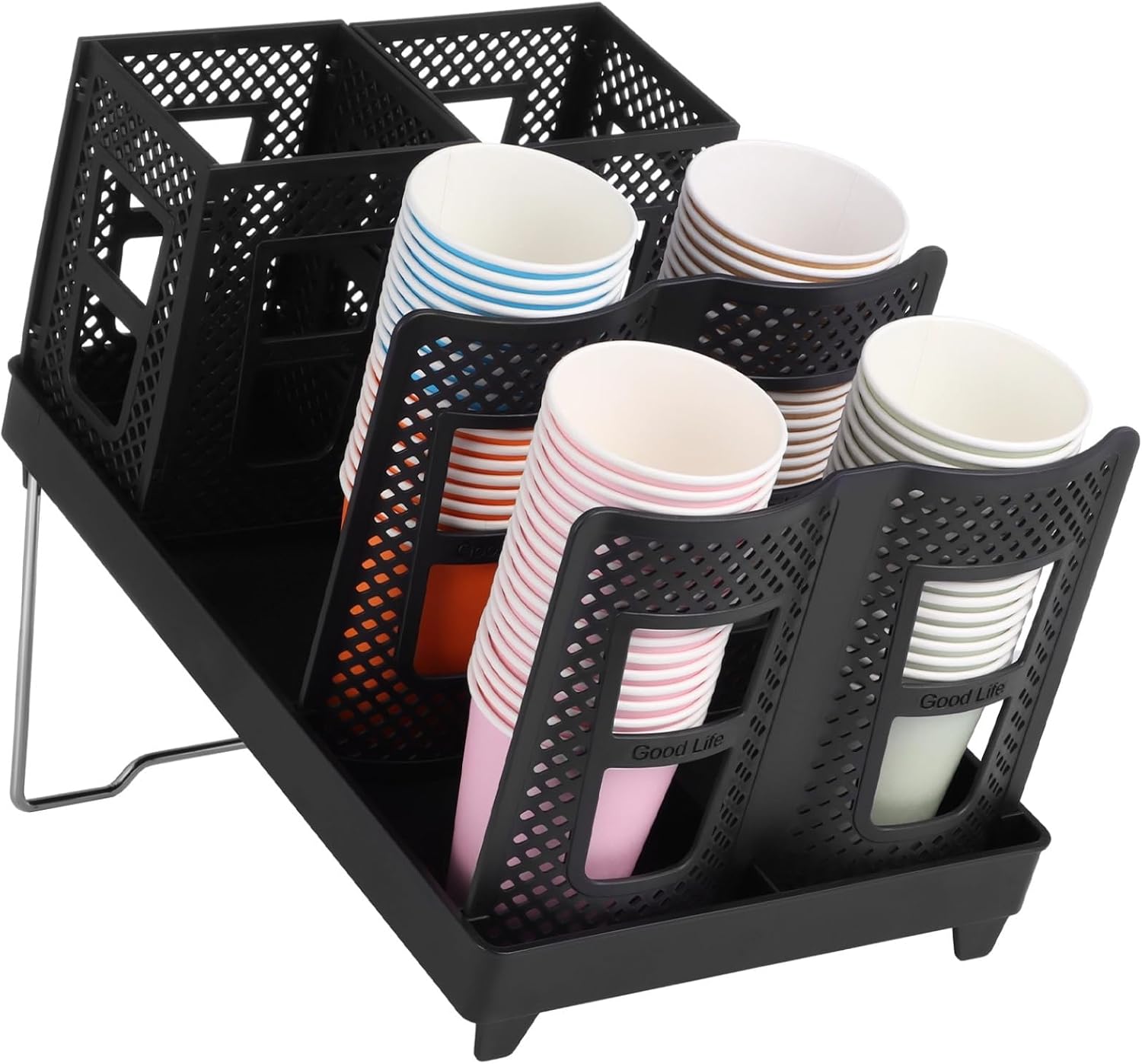 Foldable Coffee Cup Holder, Black 6-Compartment Cup and Lid Dispenser with Metal Stand, Bottom Tray, Paper Cups Organizer for Office, Kitchen, Coffee Station