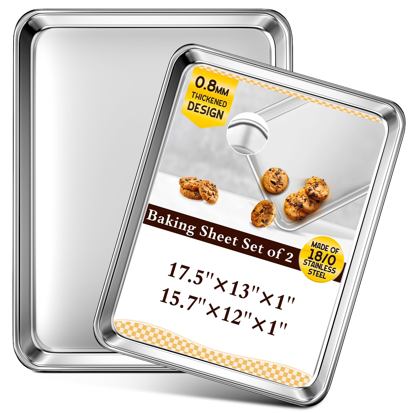 Backblech-Set, handelsübliche Edelstahl-Backbleche zum Backen, 44 x 33 cm, dickeres und festeres Backformen-Set, rost- und verwindungsbeständig, antihaftbeschichtet, ungiftig und strapazierfähig, 2