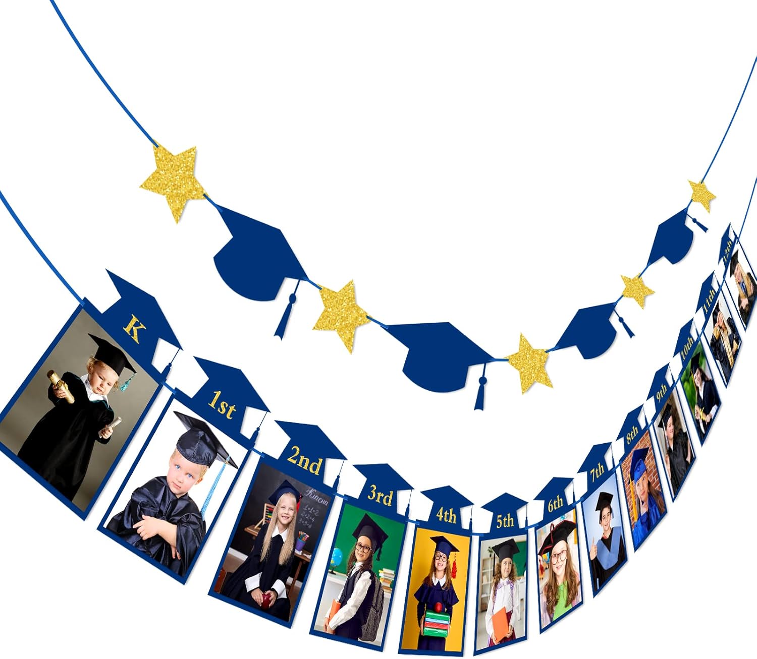 Whaline 2Pcs Graduation Photo Banner, Congrats Grad Banner, No DIY Require Hanging Bunting, Kindergarten to 12th Grade Picture Garland with Blue Gold Glitter for Grad Party Decor, 5 x 7 inch