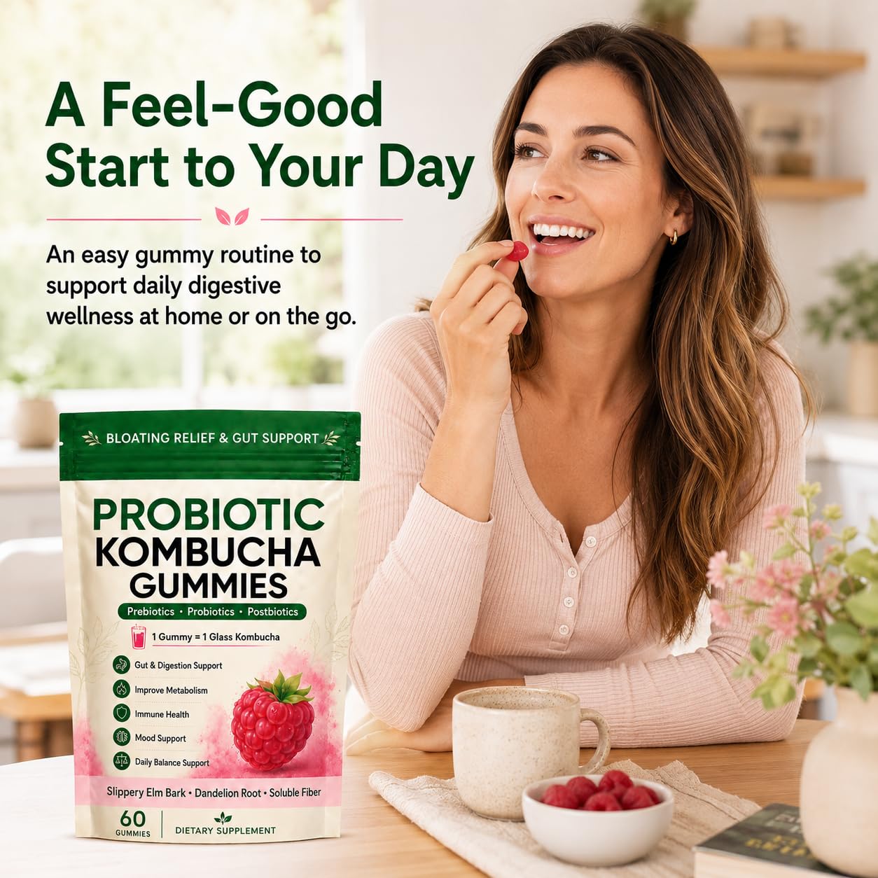 Evolia Probiotic Kombucha Gummies, Prebiotic Probiotic Postbiotic Formula, Digestive & Gut Health Support, Microbiome Balance & Digestive Comfort, Vegan, Non-GMO, 60 Gummies (1 Peak) — Amazon image 7