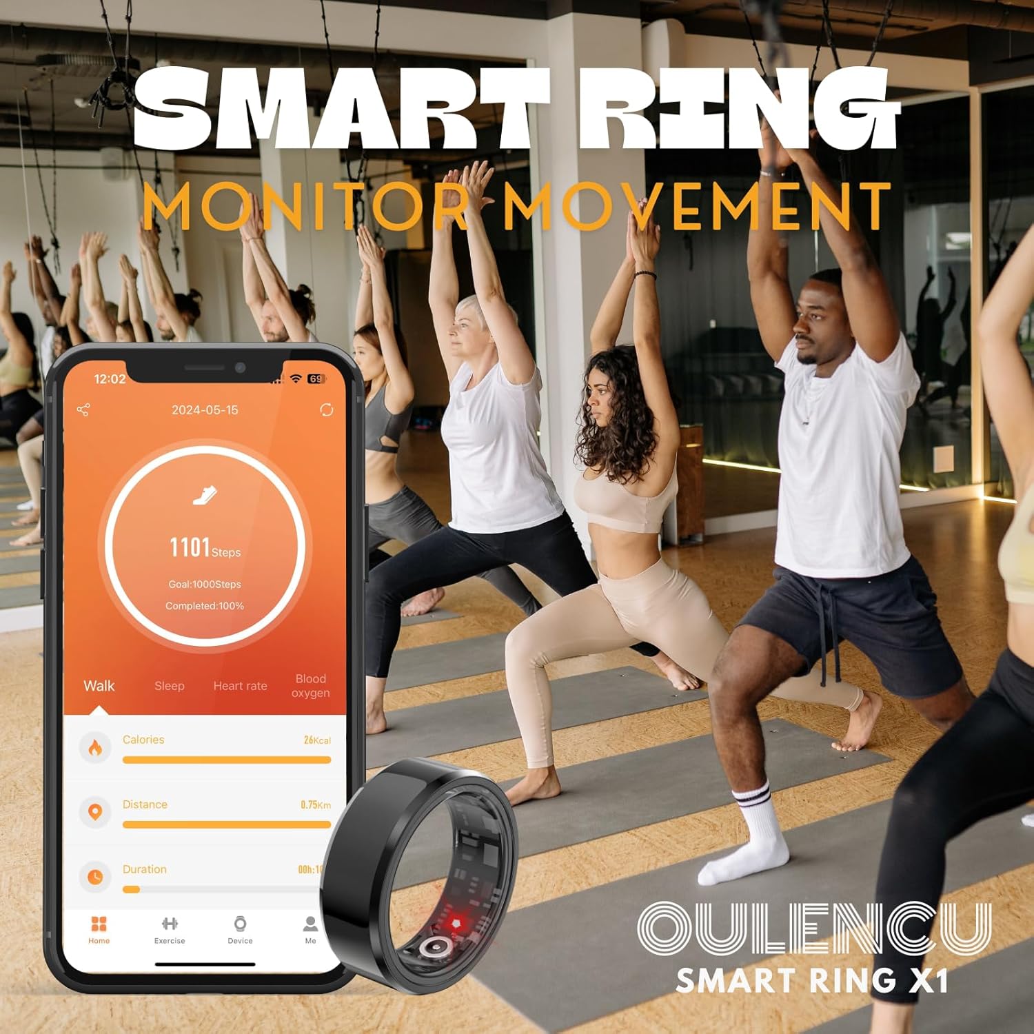Smart Ring Health Tracking Sleep Tracker for Men and Women, Fitness Tracker, Heart Rate, Blood Oxygen Monitor, Calorie Tracker, Shake and Take Photos, Waterproof (Midnight Black, #12-67.2mm/2.65in)