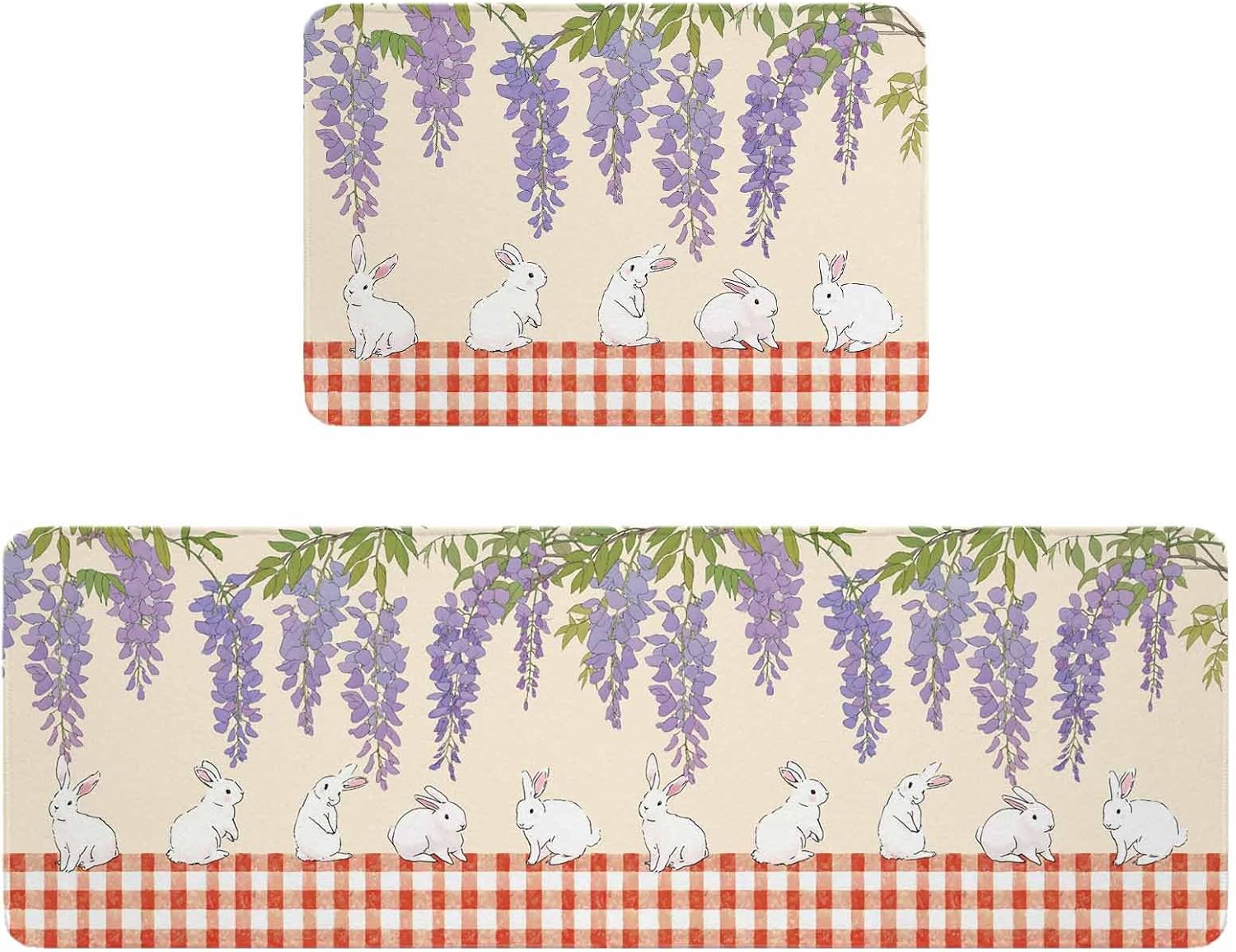 Purple Wisteria Kitchen Rugs and Mats Set of 2, Non-Slip Kitchen Sink Mat, Cute Rabbits Pastoral Farmhouse Plaid Washable Doormat Bathroom Rugs Runner for Bedroom/Living Room 17.7"x30"+17.7"x47.2"