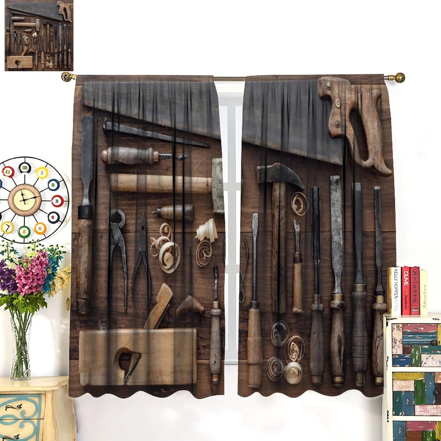 Industrial Tools Theme Curtain, Craft Equipment with Carpenter Pattern of Obsolete Mechanical Tools, Room Bedroom Garage Blackout Decorative Curtain 2 Pieces 42x45in