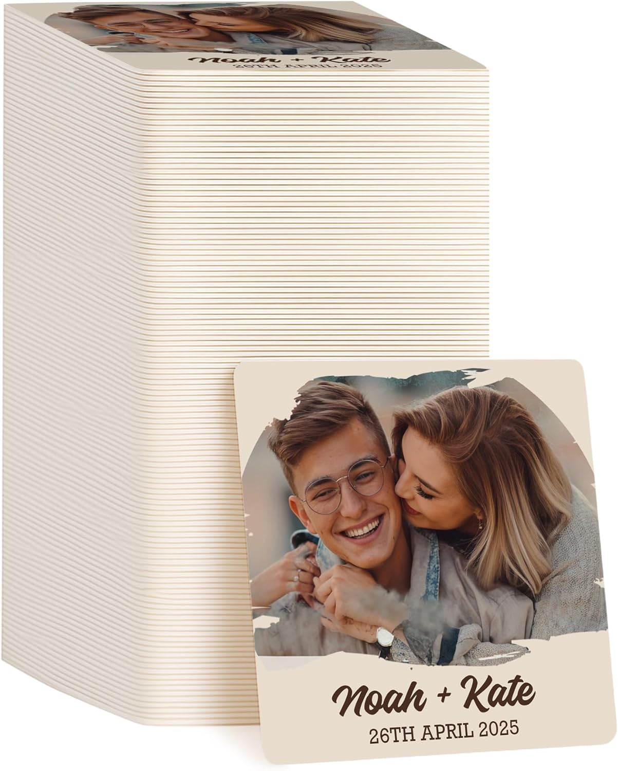 100 Pack Personalized Wedding Coasters, Custom Cardboard Coasters for Drinks with Photo Print and Text, Keepsake Wedding Favors and Gifts for Couples, 4x4 Square, Design 3
