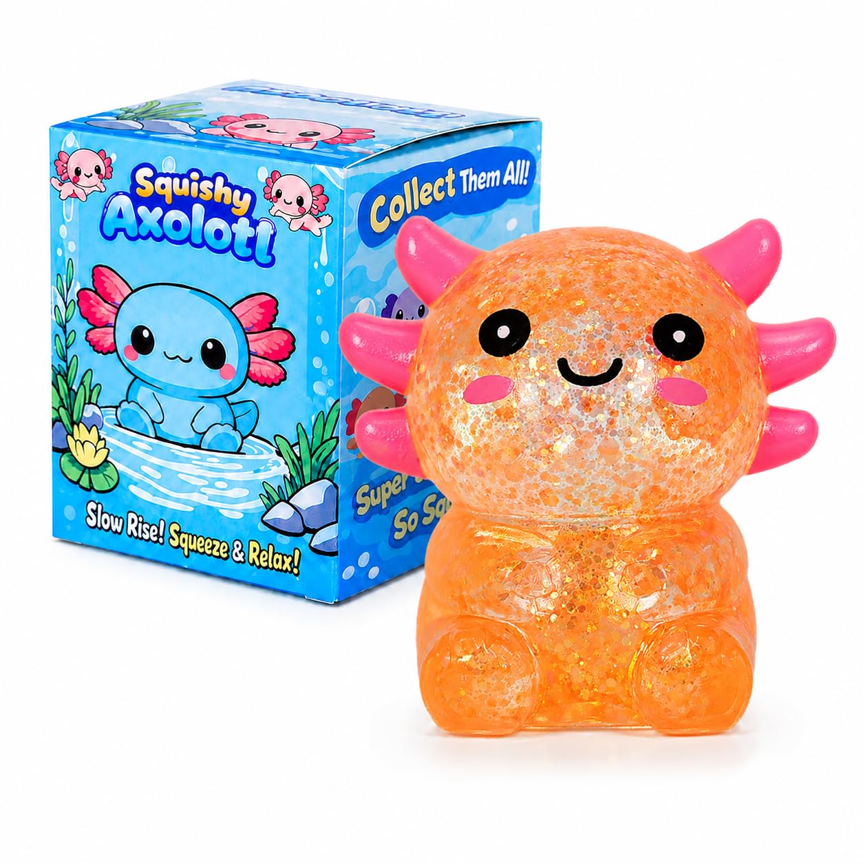 Axolotl Squishy Stress Ball, Soft TPR Slow Rising Squeeze Toy, Cute Axolotl Fidget Toy for Stress Relief, Anxiety Calming Sensory Toy for Kids Adults(Orange-Seated Axolotl )