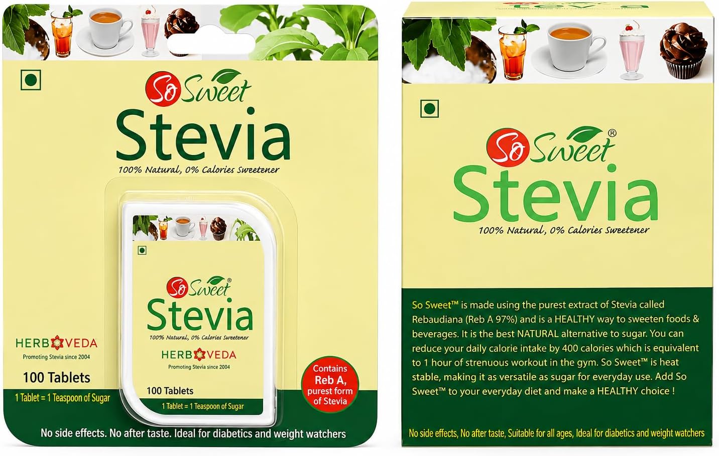 So Sweet Stevia Tablets, 100 & 50 Sachets Sugar-Free, Natural Zero-Calorie Sweetener, Pack of 2, Perfect for Sweetening Drinks, Ideal for Diabetic & Keto Diets, Convenient & Easy-to-Use