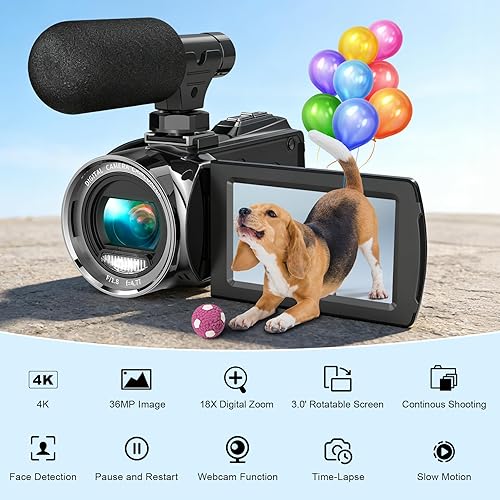 Miniatura 8 de Cámara de vídeo 4K, videocámara UHD de 36MP para vlogging en YouTube, zoom digital de 18 aumentos, pantalla IPS de 3" con rotación de 270°