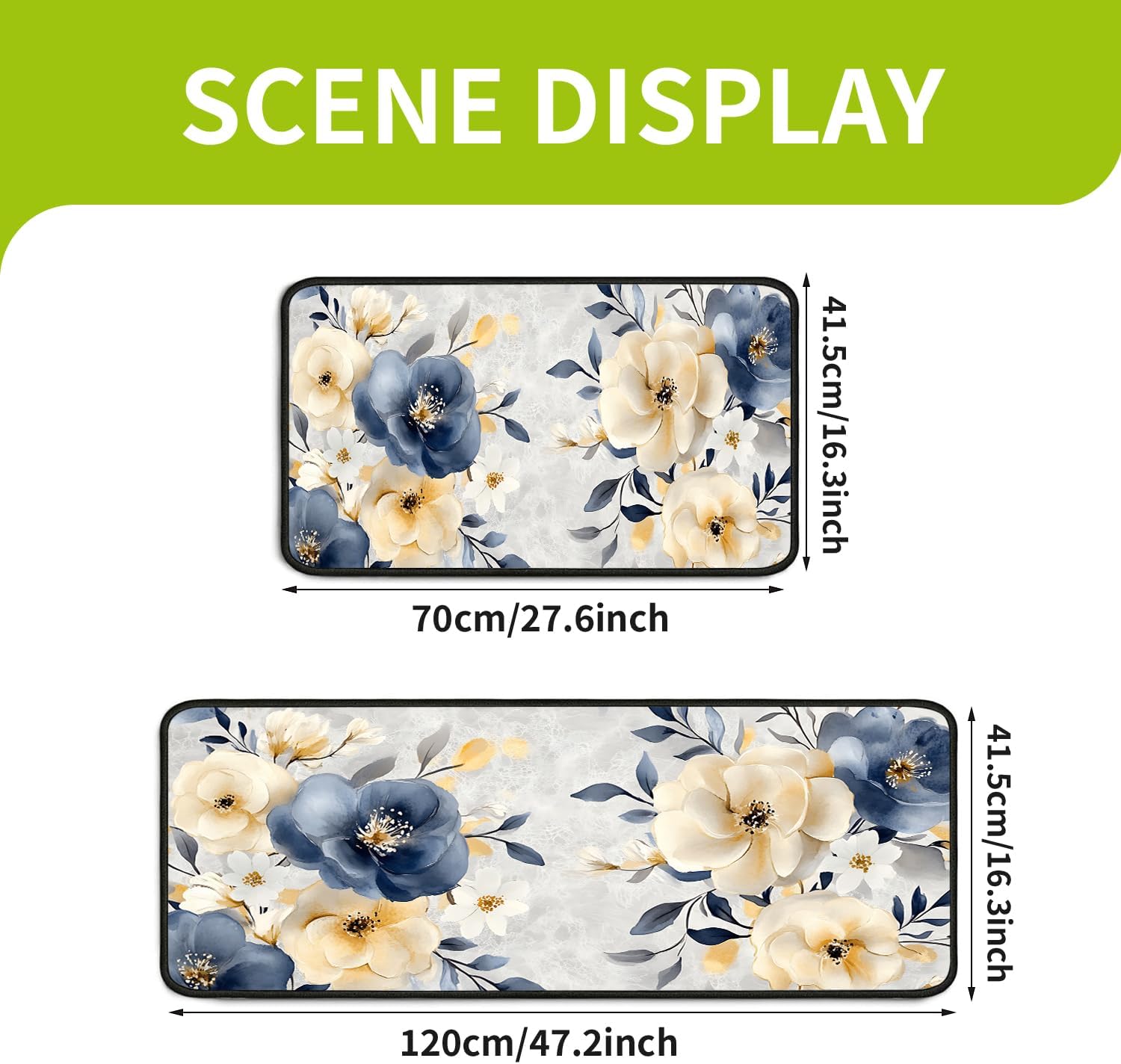 Kitchen Rugs Set of 2 (17" x 47" + 17" x 30"), Cushioned Kitchen Floor Mats, Non-Slip Comfortable Standing Pads for Kitchen, Sink, Bathroom & Laundry Room