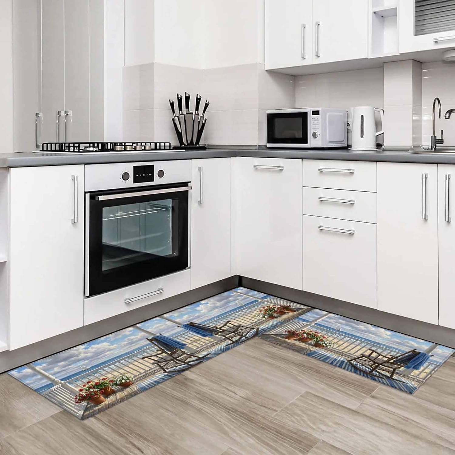 Kitchen Mats for Floor Beach Balcony Blue Ocean Sailing Boat Washable Non Slip Kitchen Rugs 2PCS, Classic Wooden Absorbent Standing Mats for Sink Bathroom Office Living Room 15.7x23.6in+15.7x47.2in