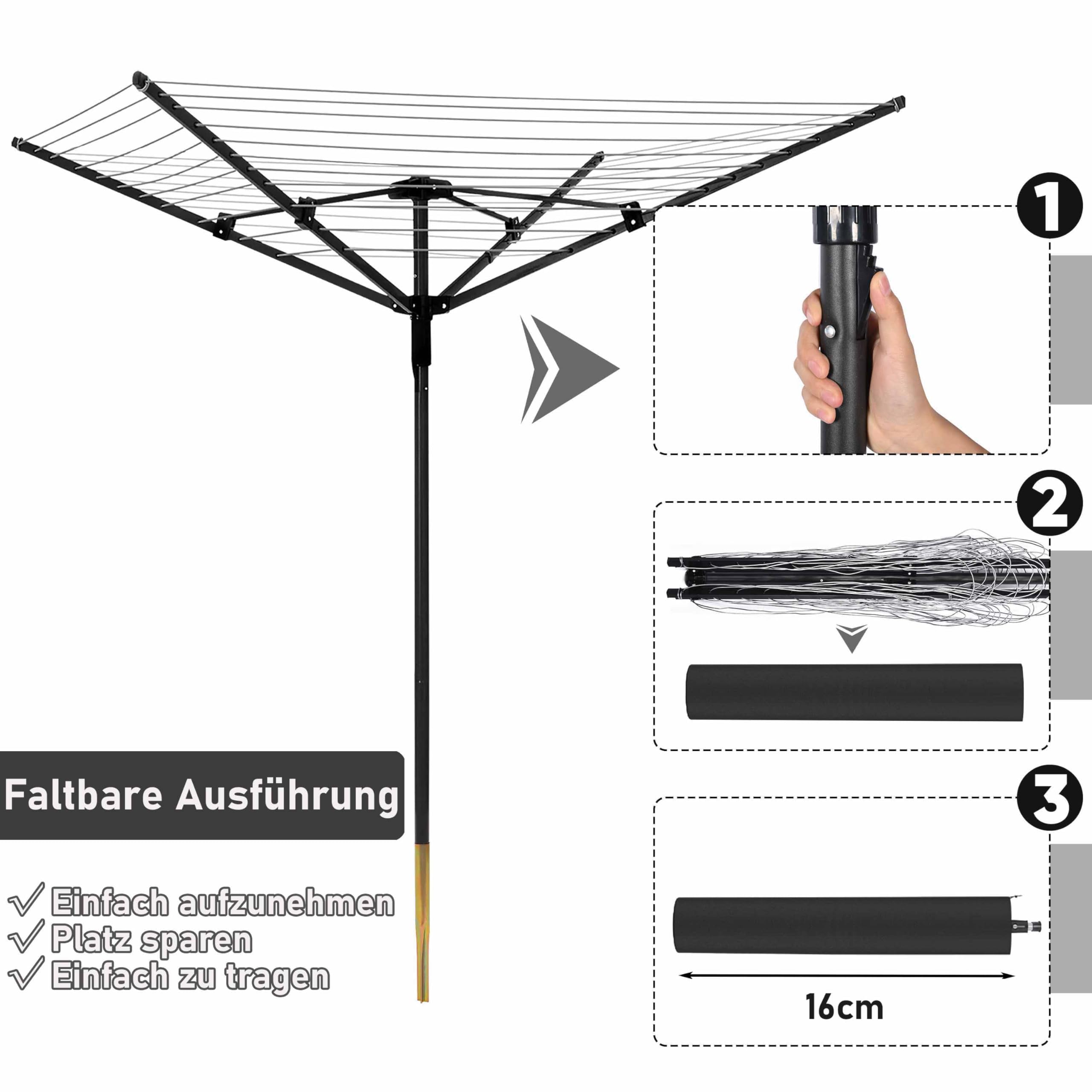 Wäschespinne Wäscheständer 4-armig Wäscheschirm, Schwenkbarer Wäschespinne Draußen mit Schutzhülle, 50M Wäscheleine inkl. Bodenhülse Kleiderbügel für saubere Wäsche Aluminiumarmen