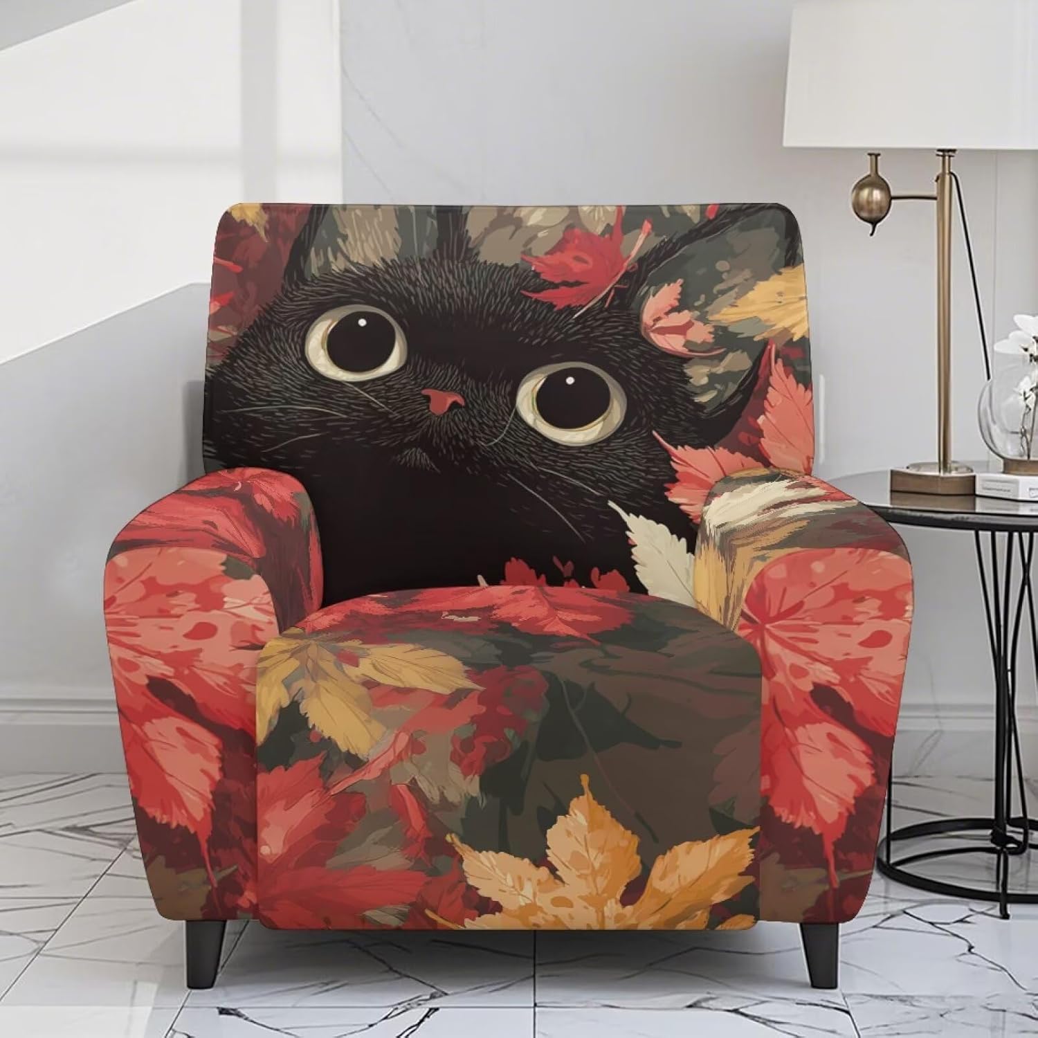 FOR U DESIGNS Black Cat and Maple Leaves 4-Piece Recliner Covers Stretch Fabric with Elastic Edges Non Slip Storage Pockets Washable Furniture Protector for Small Recliners