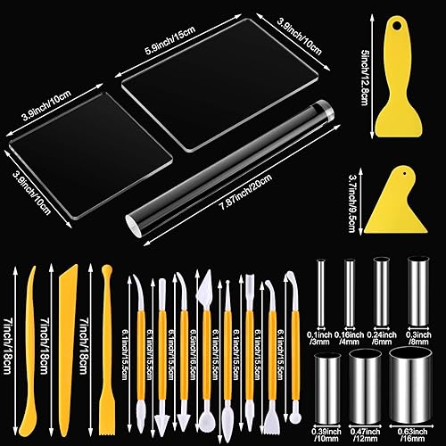 Miniatura 3 de Honoson Juego de 24 herramientas de escultura de arcilla, herramientas de arcilla polimérica, juego de bricolaje con rodillo, hoja acrílica, tablero