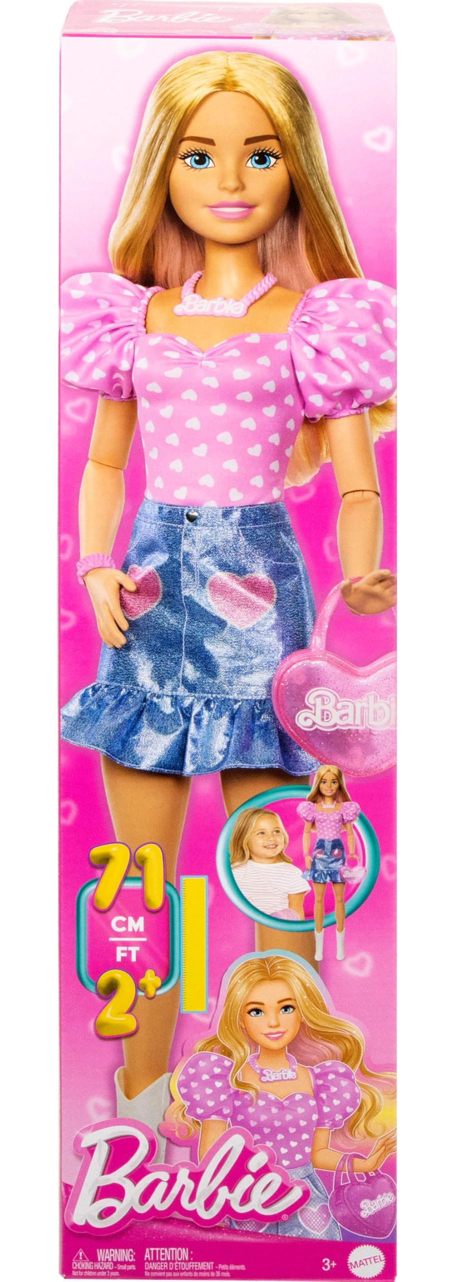 Barbie-Modepuppe blond 71 cm mit Abnehmbarer Kleidung, pinkfarbenem Oberteil, Jeansrock und Cowboystiefeln, Halskette und Handtasche, HYT84